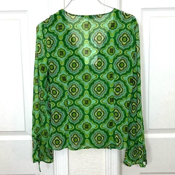 Zara Sheer Green Printed Geo 70’s Retro Hippiecore Bell Sleeve Top New Size S - Picture 3 of 14